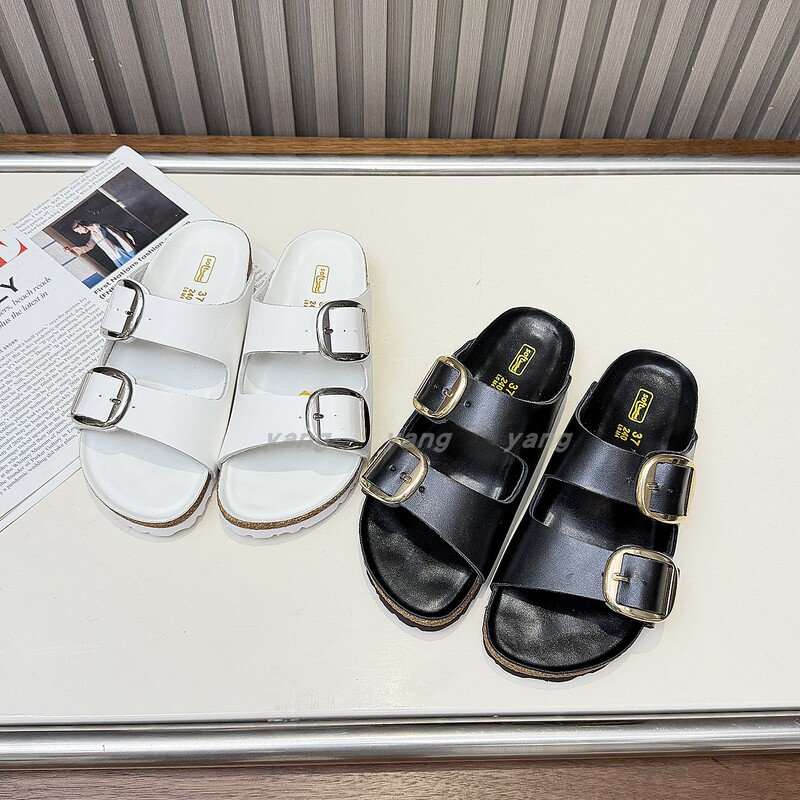 Genuine Leather Women's Shoes, Birkenstock-Style, First-Layer Cowhide, Large Metal Buckle, Outdoor Wear, One-Strap Beach Cork Sandals