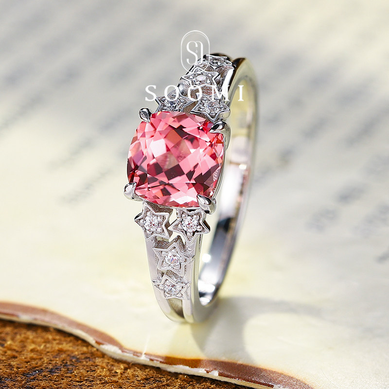 Padparadscha ring 2.2ct cultured sapphire women's ring 925 silver diamond pink