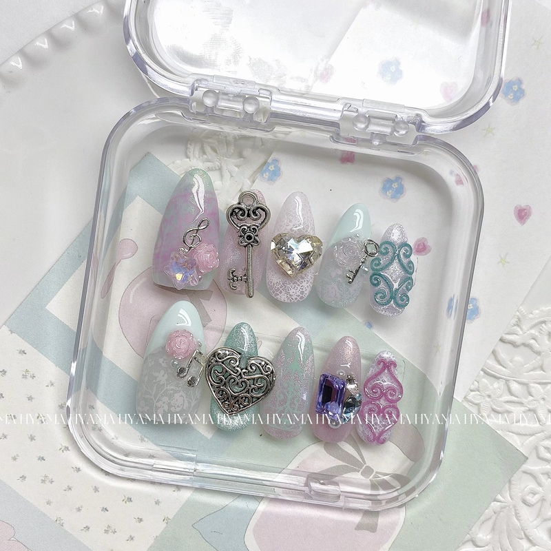 Limited-Time Special Offer Hyama Wearable Nail Art Original Vintage Rose Window Pink and Green Totem Key Hand-Painted French Style Real Photo