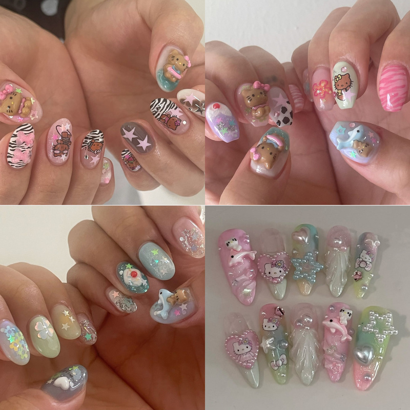 Hyama Wearable Nails Cute Kt Cat Summer Girly Cartoon Black Kitty Cat Bow
