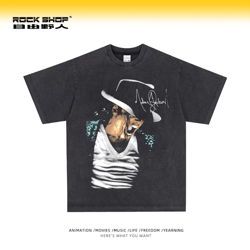 Mj Michael Jackson T-Shirt for Men and Women, American Retro Heavy Cotton High Street Hip-Hop Vintage Washed Short-Sleeve Trendy