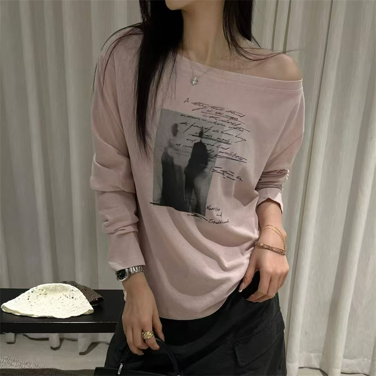 Korean Dongdaemun 26 Spring/Summer New Fashionable Letter Print Pattern Stylish Off-Shoulder Sun Protection Long Sleeve T-Shirt