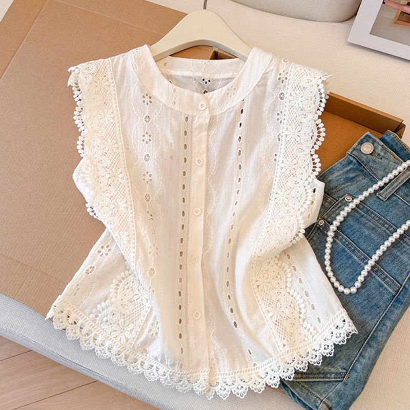 Recommended for Personal Collection~ Embroidered Hollow-Out Sleeveless Linen Shirt for Women, 2026 Summer New Short Style with Small Flutter Sleeves Top Recommended for Personal Collection~ Embroidered Hollow-Out Sleeveless Linen Shirt for Women, 2026 Summer New Short Style with Small Flutter Sleeves Top