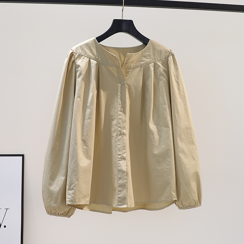 Clearance Bargain~ High-End Brand Surplus, Spring/Autumn Round Neck Loose Lantern Sleeve Pleated Cotton Shirt Top for Women