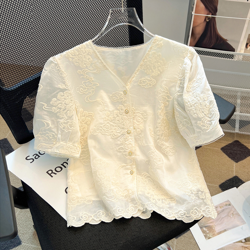 Clearance Bargain~ Summer V-Neck Lace Trim Puff Short Sleeve Shirt for Women, New Chinese Style Heavy Embroidery National Style Top