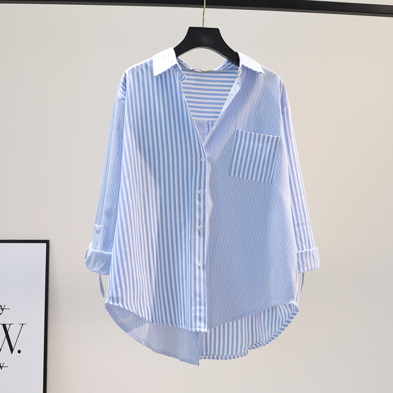 Clearance Bargain~ Counter Withdrawal of Foreign Trade Spring and Autumn Single Pocket Back Slit Striped Long Sleeve Shirt Top for Women Trendy