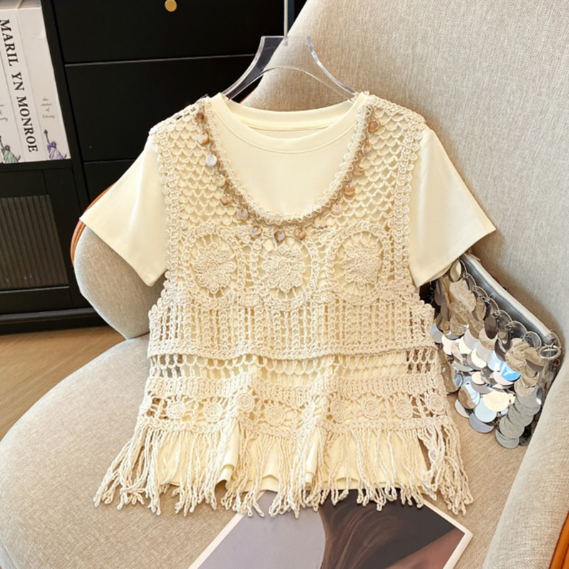 Recommended for Personal Collection~ 2026 Summer New Fashion Design Shell Sequin Floral Vest T-Shirt Two-Piece Set Top