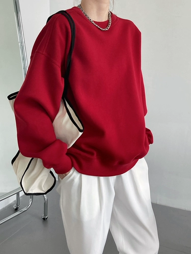 Бордовый спортивный осенний корейский брендовый лонгслив, свободный крой, с рукавом, круглый воротник