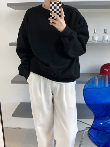 Бордовый спортивный осенний корейский брендовый лонгслив, свободный крой, с рукавом, круглый воротник