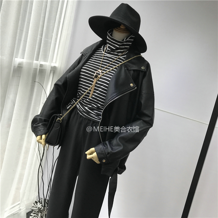 Vành đai dài tay áo khoác da Hàn Quốc phiên bản của mùa xuân và mùa thu mới lỏng kích thước lớn hoang dã áo khoác xe gắn máy áo triều áo khoác da thật