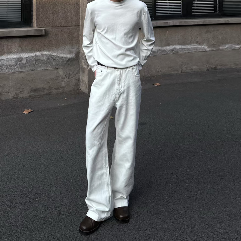 American High Street Basic Style Crease Design Pure White Loose Straight-Leg Jeans Vibe Washed Versatile Long Pants for Men