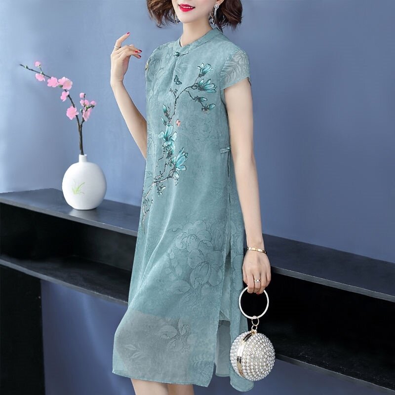 Mom spring and summer dress new temperament dress middle-aged and elderly wedding cheongsam skirt middle-aged women wear large size skirts