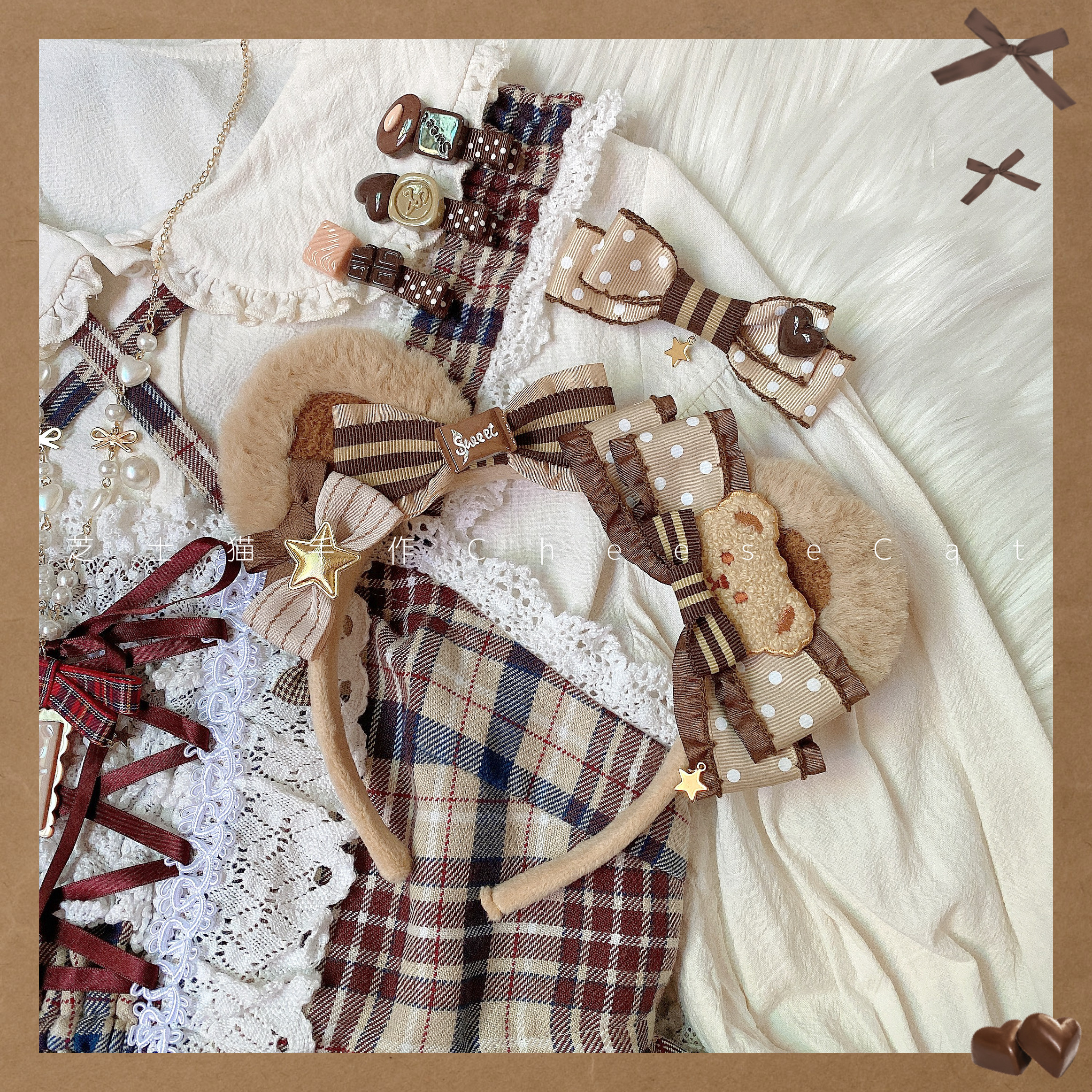 A Small Hairpin (Random Combination) & More Than The Style On The Picture【 Cheese cat Hand made 】 original Bear Coffee  sense  lolita Small things kc hair hoop Headwear Side clip