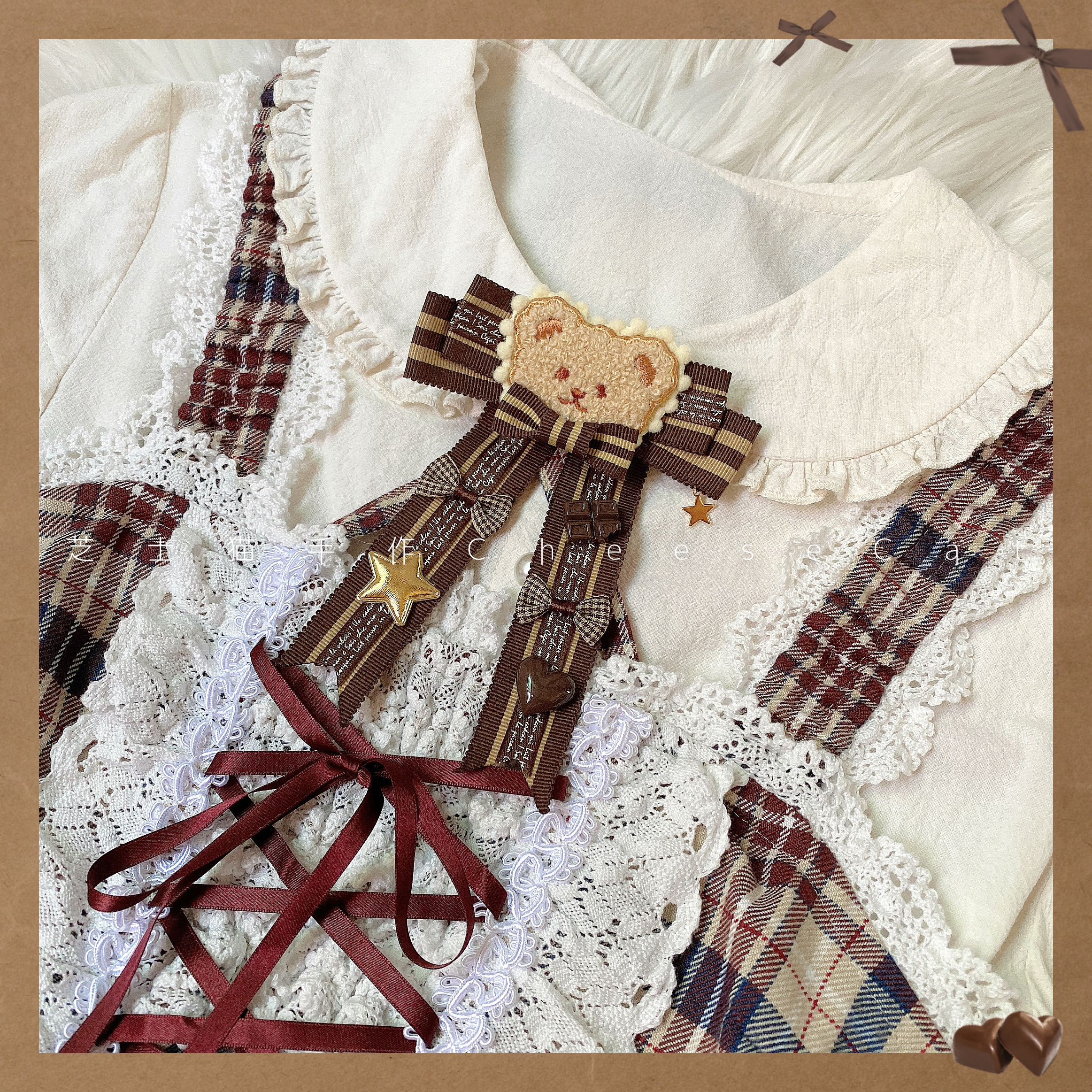 Striped Bear Hairpin / Brooch【 Cheese cat Hand made 】 original Bear Coffee  sense  lolita Small things kc hair hoop Headwear Side clip