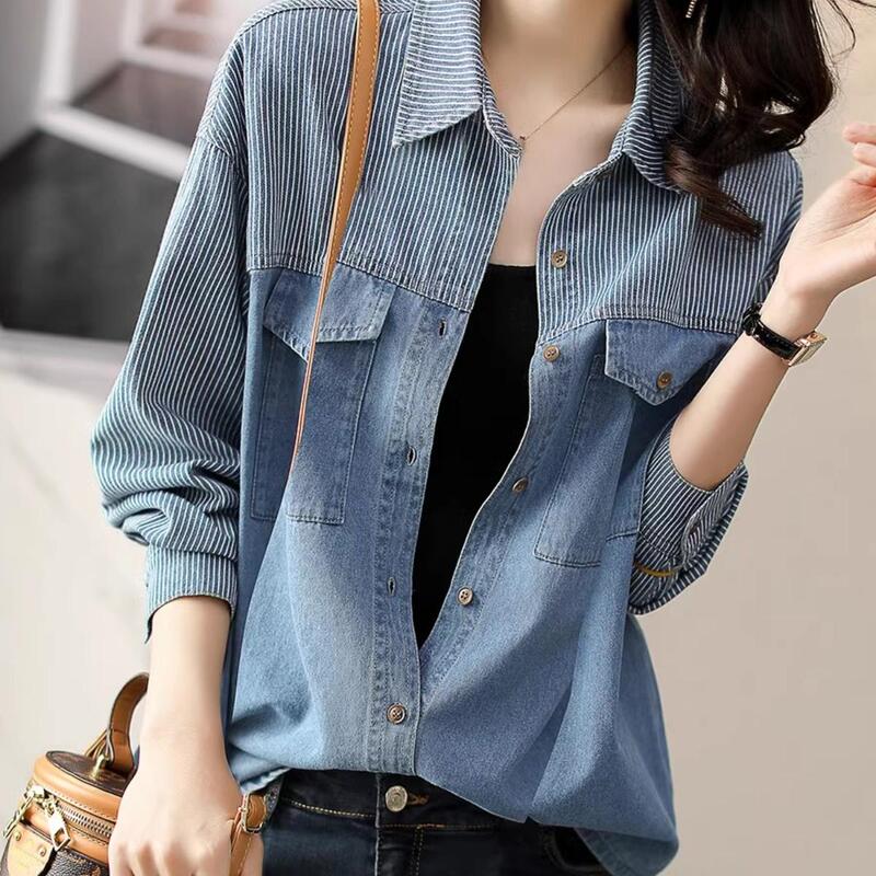 Authentic Clearance Sale, Foreign Trade Women's Clothing, Denim Patchwork Striped Shirt, Women's Autumn Stylish Long-Sleeve Top Jacket