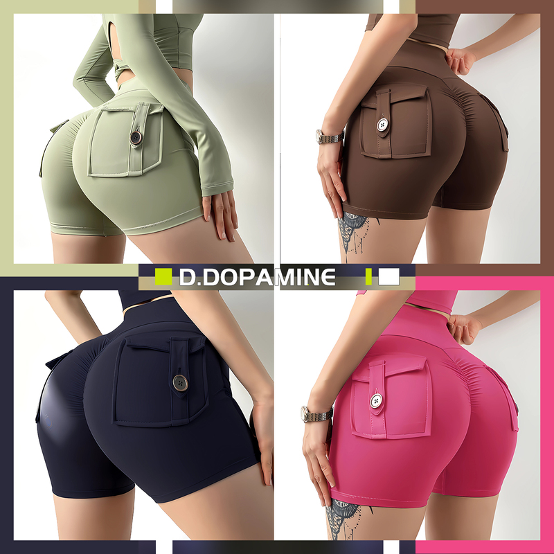 Internet Celebrity Style Nude-Feel Cargo Pocket Shorts, High-Waisted, Butt-Lifting, Quick-Drying Three-Quarter Length Shorts for Women, Suitable for Fitness, Running, and Training
