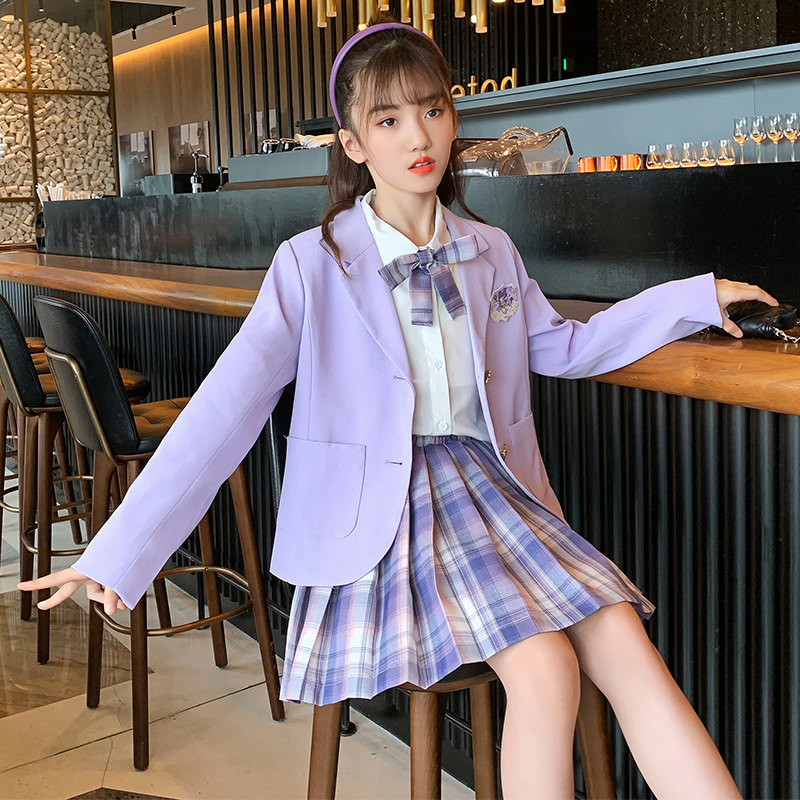Girls' autumn JK uniform suit 2021 new college style long-sleeved shirt suit plaid skirt Western style three-piece suit