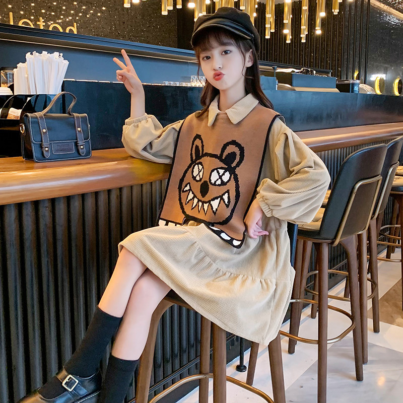 Autumn Winter Girls Light Wick Suede Dress Cape with Shoulder Cartoon Knit Machia Curry long sleeves Velvety Dress Two-piece Dress