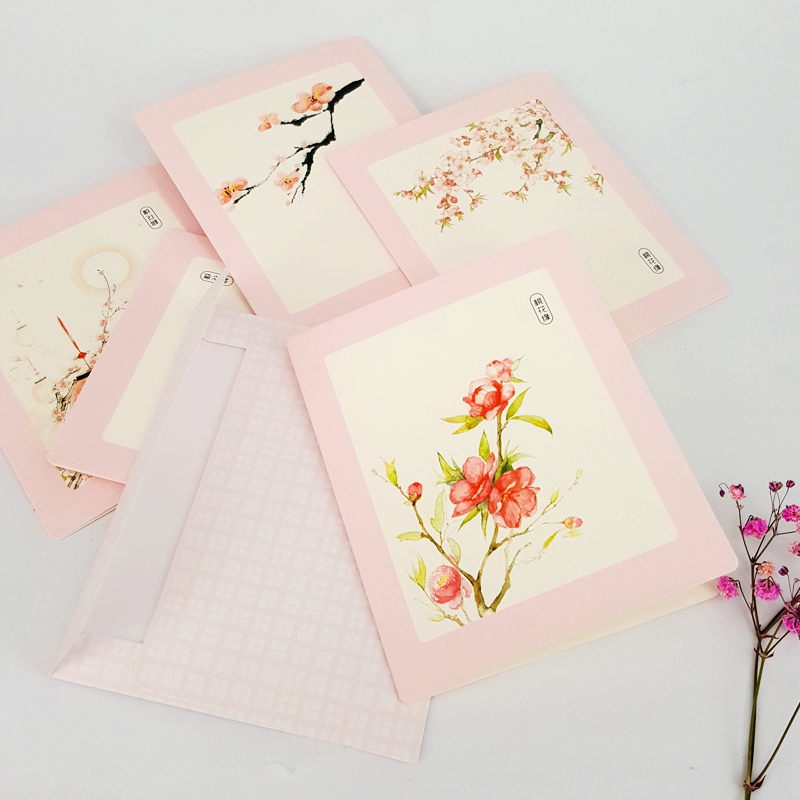 Creative new Peach Blossom small greeting card pink small fresh message card 6 pieces containing 6 checked envelopes