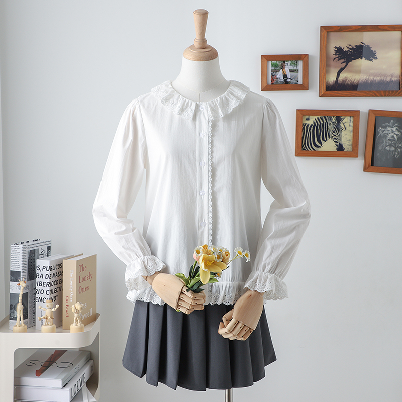 Lace Ruffled Doll Collar White Shirt for Women, Long-Sleeved, Japanese College Style, French Design, Pure Cotton Inner Top