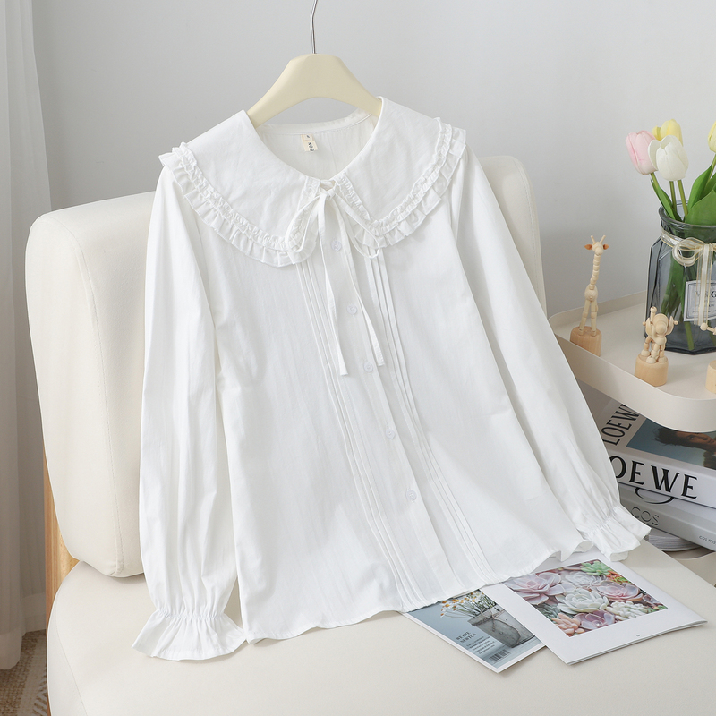 Japanese-Style Soft Girl Doll Collar Shirt for Women, Long-Sleeved, Loose, Ruffled, Tie-Up, Bow, Preppy Style, Pure Cotton Top for Autumn Japanese-Style Soft Girl Doll Collar Shirt for Women, Long-Sleeved, Loose, Ruffled, Tie-Up, Bow, Preppy Style, Pure Cotton Top for Autumn