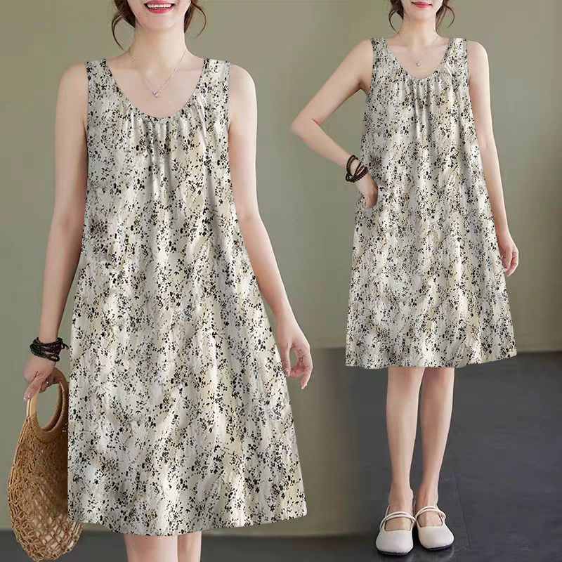 2025 Summer New Loose-Fitting A-Line Dress That Covers the Belly and Looks Slimming, Sleeveless Tank Dress with Round Neck and Floral Print for Women 2025 Summer New Loose-Fitting A-Line Dress That Covers the Belly and Looks Slimming, Sleeveless Tank Dress with Round Neck and Floral Print for Women