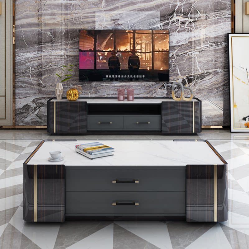 TV Cabinet Tea Table Combo American Light Lavish Solid Wood Living Room Modern Minima Black Sandalwood TV Cabinet Ground Cabinet Short Cabinet-Taobao