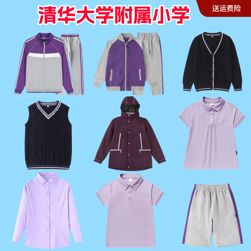 Children's Purple Baseball Uniform with Stand-Up Collar, Gray Sports Pants with Double Purple Stripes, Light Purple Polo Shirt, Tsinghua University Primary School