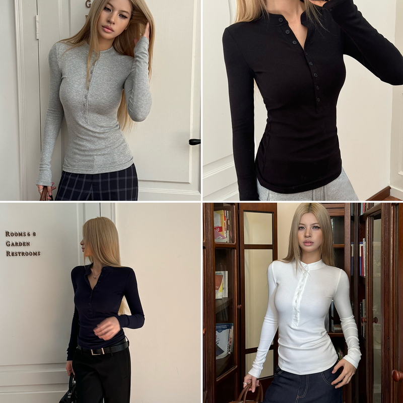 Audwyn Henry Collar Long-Sleeve T-Shirt with a Unique Design, Single-Breasted, European and American Style, Slim Fit, Flattering Inner Layer Top