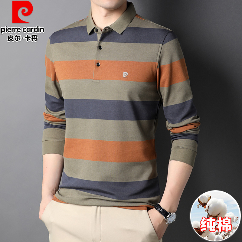 Pierre Cardin 2026 Spring and Autumn New 100% Pure Cotton Long Sleeve T-Shirt for Men, Dad's Striped Casual Base Layer Polo Shirt