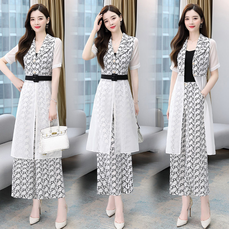 Broadlegged Pants Suit Woman 2022 Summer New temperament Fashion Less-age Mrs. Elegant and Noble Two Sleeves