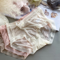 Ice Silk Briefs Female Silk Antibacterial Crotch Mid-Waist-No-Mark Sexy Translucent Lace Mesh Yarn Summer Thin-Triangle Pants