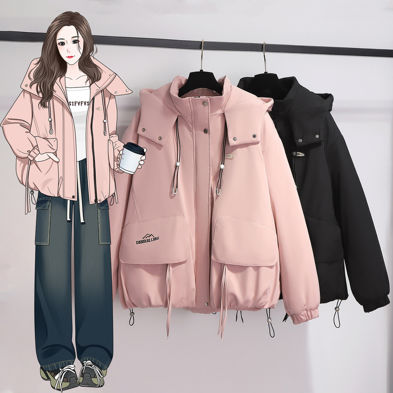 Hooded Workwear Short Jacket for Women, New Winter Style, Plus-Size Trench Coat, Large Size Outdoor Waterproof Windbreaker, Windproof Parka