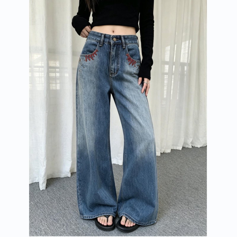 Unique Designer Embroidered Rhinestone Straight-Leg Jeans for Women, Petite Size, Loose High-Waisted Versatile Slimming Wide-Leg Pants