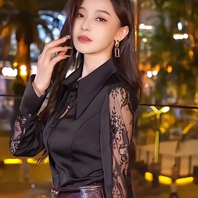 2024 Autumn New French Style Sexy Fashion Lace Patchwork Slim Fit Versatile Lapel Pure Desire Satin Shirt