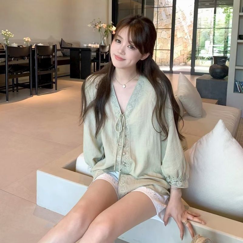 Lazy Style Green Lace-Up Long-Sleeved Shirt for Women 2025 Summer Niche Versatile Loose Slimming Top