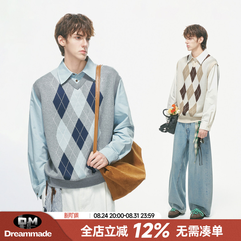 Dream Made High-Quality Wool Blend Fake Two-Piece Shirt Collar Sweater for Men, Autumn Couple's Argyle Knitwear Dream Made High-Quality Wool Blend Fake Two-Piece Shirt Collar Sweater for Men, Autumn Couple's Argyle Knitwear