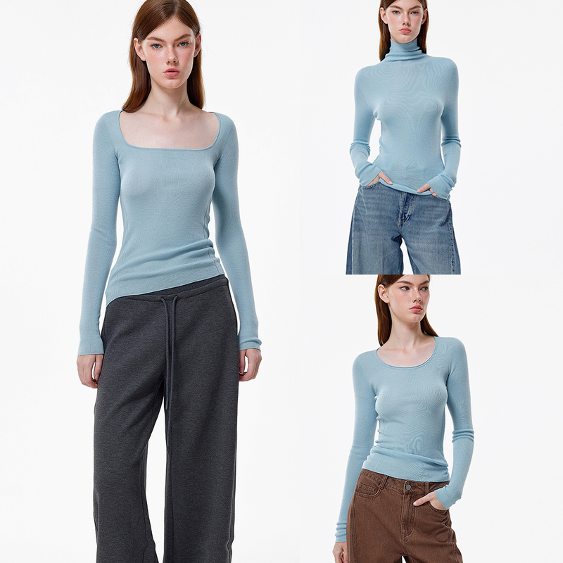 Monroo Light Blue Yangzi Yarn Otw Merino Anti-Shrink 100% Wool Base Layer Square Neck Seamless Knit Top