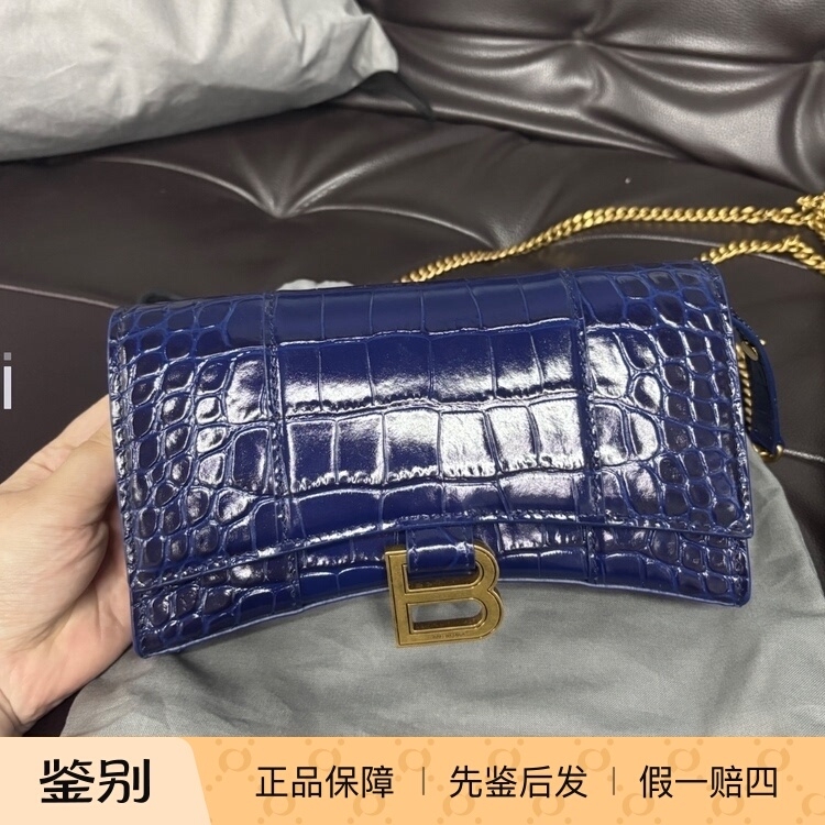 Balenciaga Crocodile Pattern Hourglass Bag Single Shoulder Crossbody Bag Dark Blue 656050 with Label