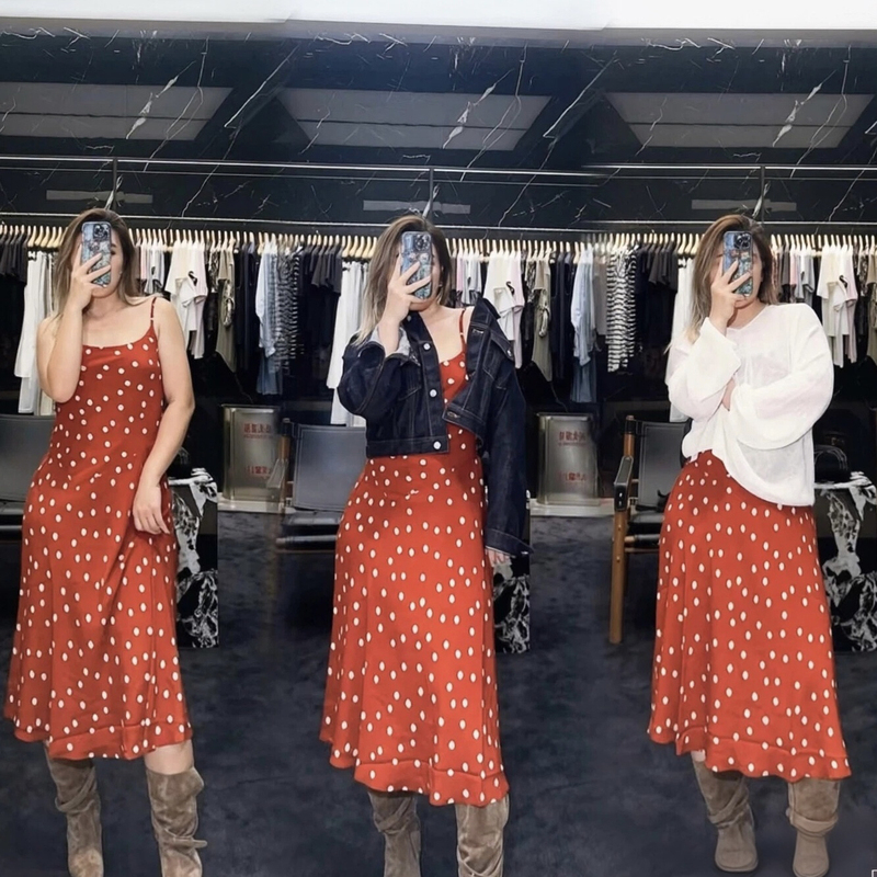 M Brand Genuine 2026 Autumn New Red-Brown Polka Dot Rayon Crepe Bias-Cut Strap Dress Mbf3Drs032