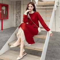 Fa-style retro red worthy coat with bottom over knee length skirt woman 2022 spring autumn winter new big code sweater dress
