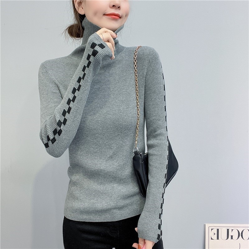 Slim elastic fine cashmere bottoming shirt women 2022 autumn and winter new Korean style fashion piled high collar contrasting color knitted sweater