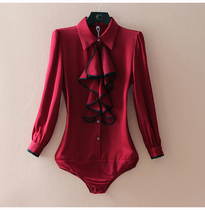 Womens high-end professional shirt 2022 spring and autumn new Korean style fashion burgundy flower belt top chiffon shirt