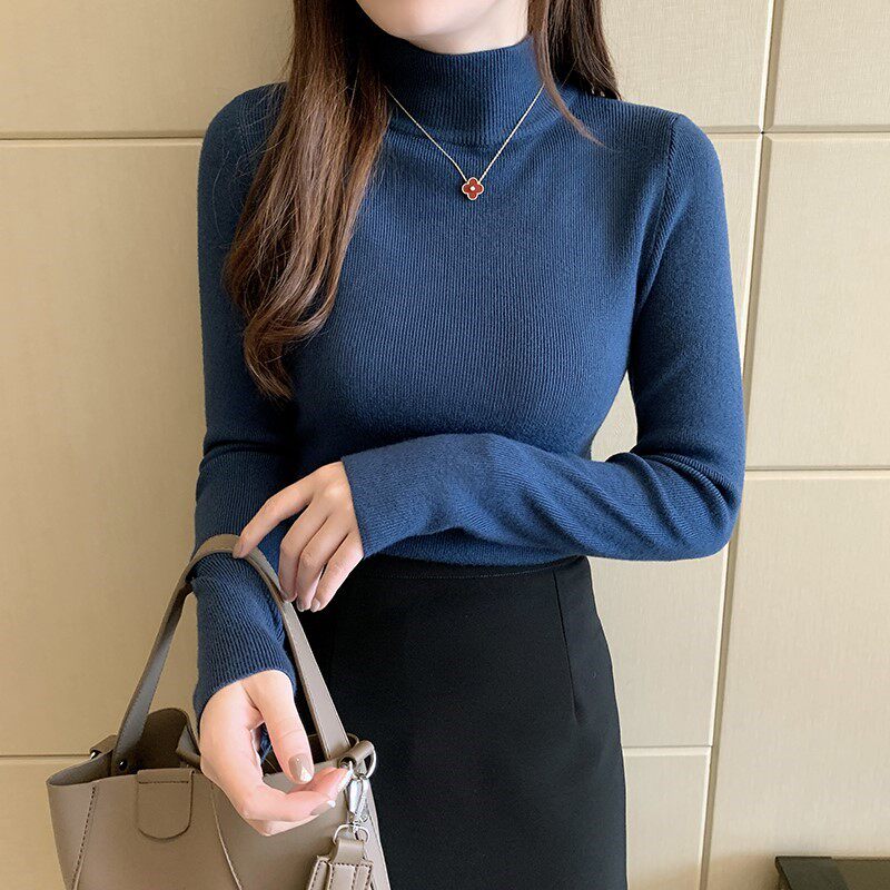 Half-high collar bottoming shirt women 2022 autumn thin section fashion all-match slim top top foreign style solid color sweater knitwear
