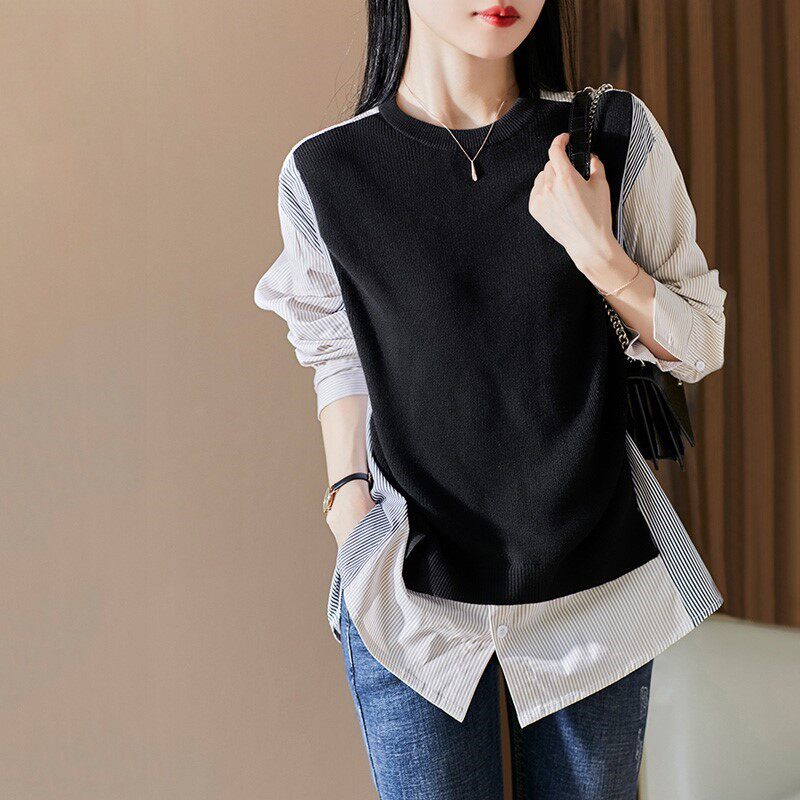 Design sense high-end fashion fake two-piece casual top ladies 2022 spring and autumn new Korean version all-match striped shirt