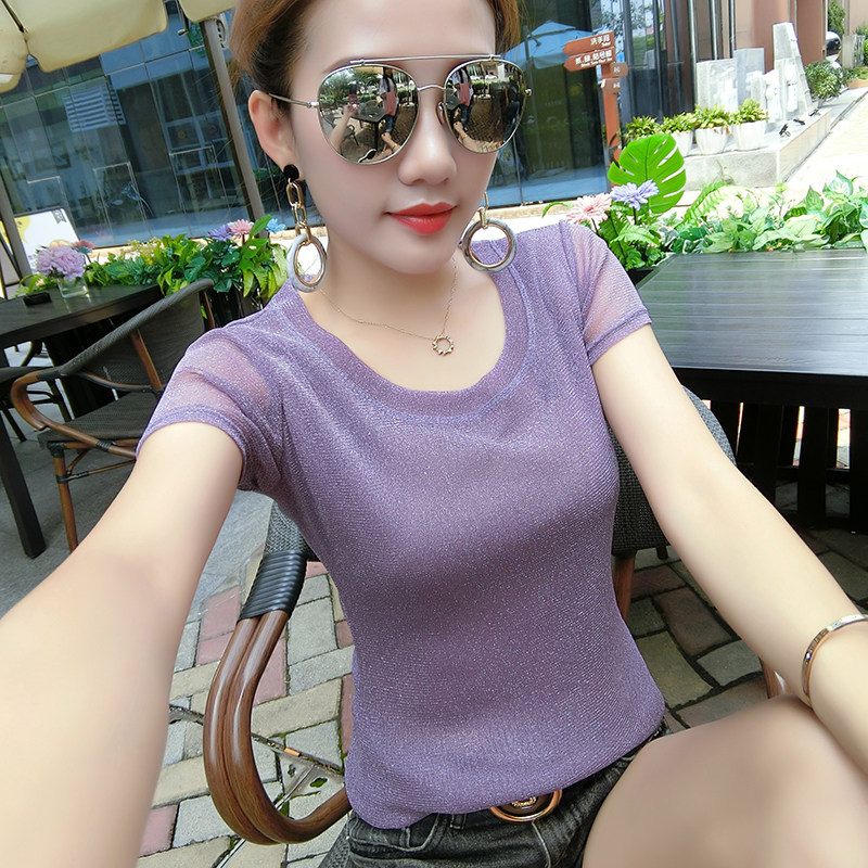 Sexy fashion mesh dress brightness slim shirt girl 2023 summer new Han edition and short sleeve t shirt tide