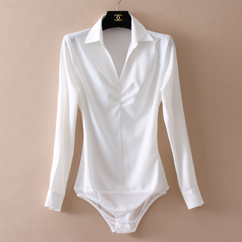 2022 spring and autumn V-neck pleated professional high-end long-sleeved shirt women's white slim OL mid-sleeve satin one-piece shirt