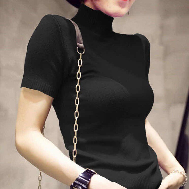 Half-high collar ice silk knitted sweater women's 2022 new Korean style fashion all-match self-cultivation bottoming t-shirt short-sleeved top