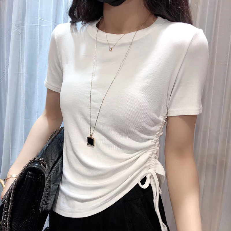 2022 summer new Korean style fashion drawstring slim short-sleeved T-shirt women's round neck slimming western style short top tide