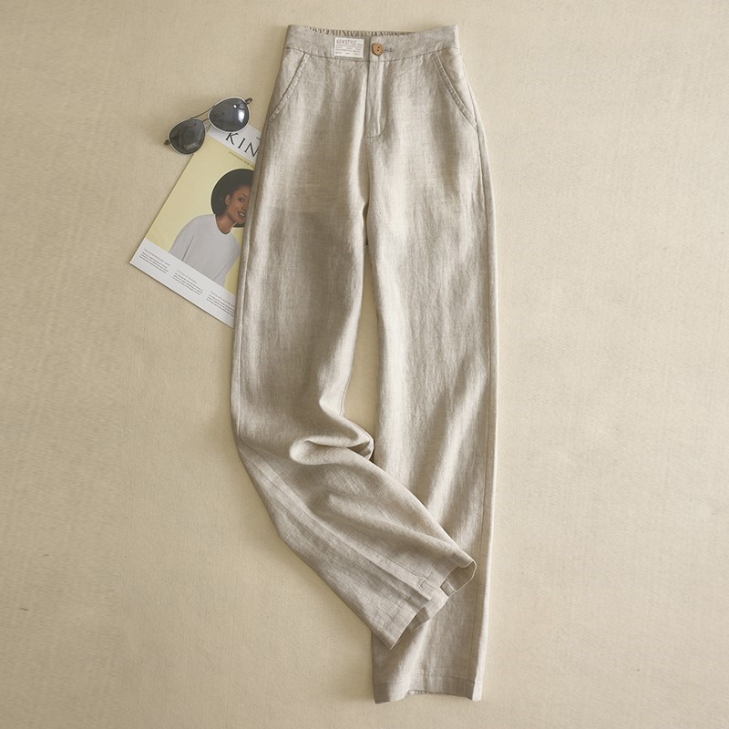 High end pituitary cotton linen straight drum pants woman 2022 spring summer new Korean version fashion high waist 100 hitch linen broadlegged trousers